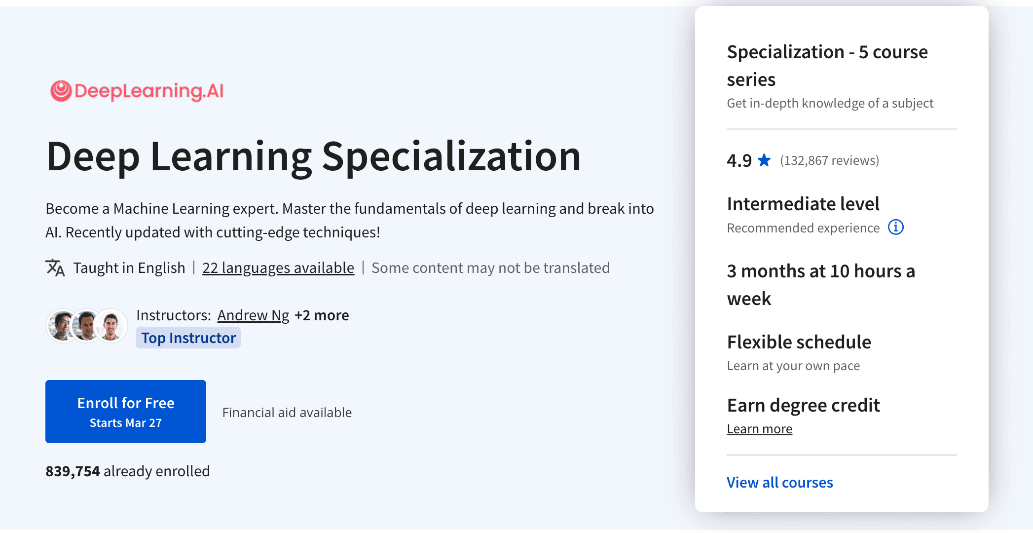 Deep Learning Specialization (DeepLearning.ai)